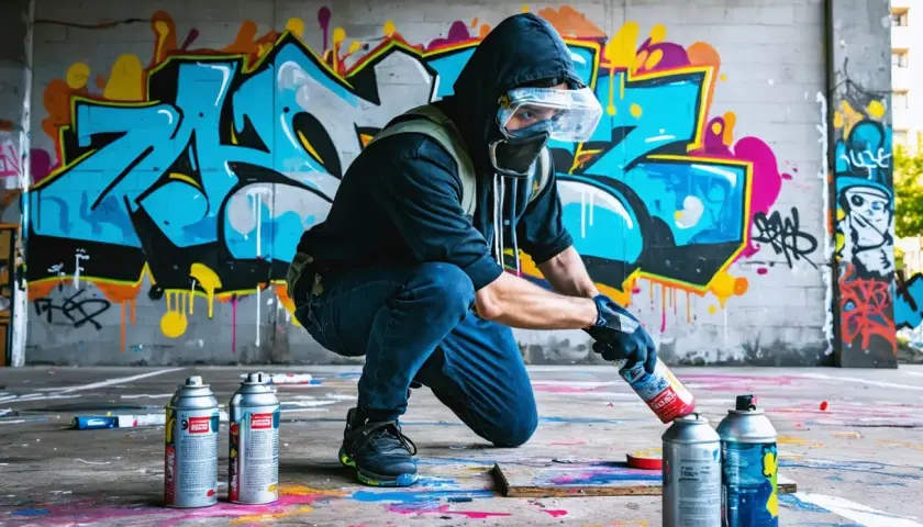 Person in Schutzkleidung kniet vor bunter Graffiti-Wand und hält Sprühdose.