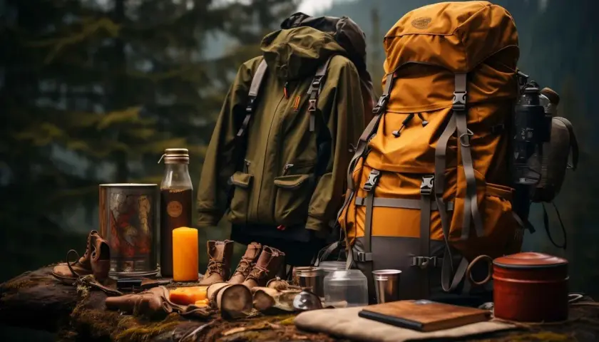 Jaki plecak w góry? Dwa plecaki, zielona kurtka, buty i akcesoria survivalowe na kamieniu w lesie.