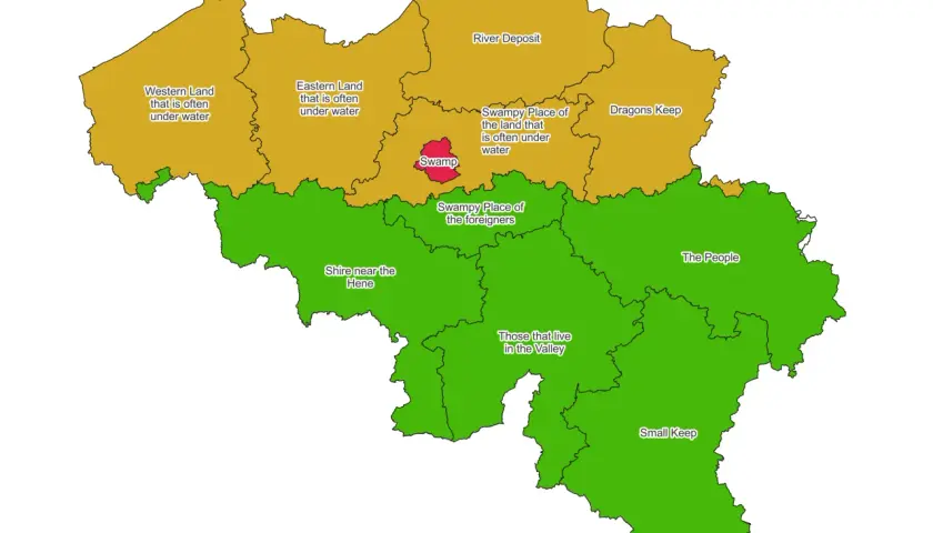 Karte von Belgien, die Regionen mit fantasievollen Namen wie "Western Land" und "Dragons Keep" zeigt. Das Bahnnetz Belgiens ist hier als eine Art Landkarte mit verschiedenen Gebieten dargestellt.