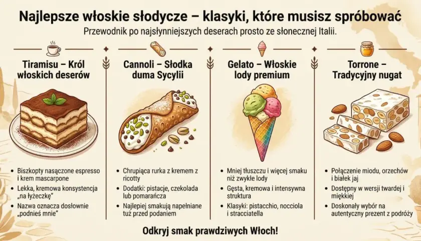 Włoskie słodycze: tiramisu, cannoli, gelato i torrone. Pyszne desery prosto z Italii, które musisz spróbować.