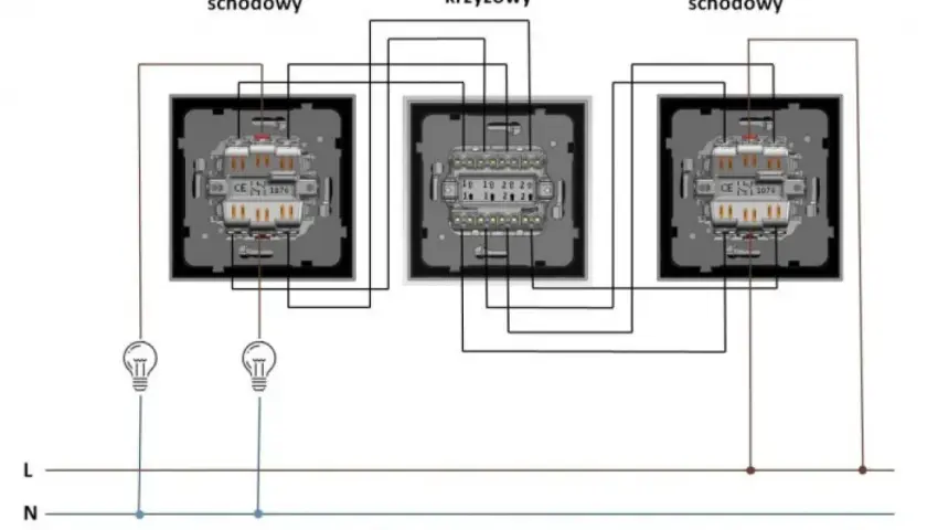 Schemat jak podłączyć włącznik światła podwójny trzy przewody: schodowy, krzyżowy, schodowy.