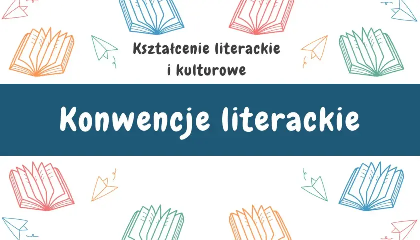 Kształcenie literackie i kulturowe: poznaj konwencje literackie. Ilustracja z otwartymi książkami i papierowymi samolotami.