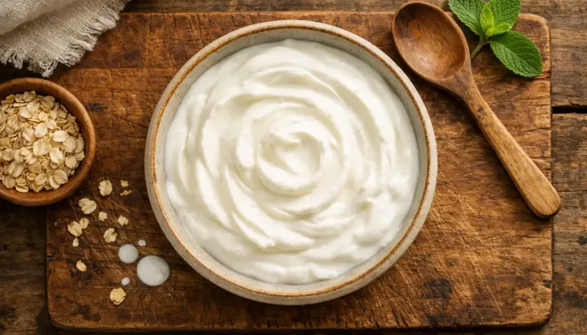 Yogur griego cremoso en un tazón, con avena y una cuchara de madera. Ideal para controlar las calorías del yogur griego.