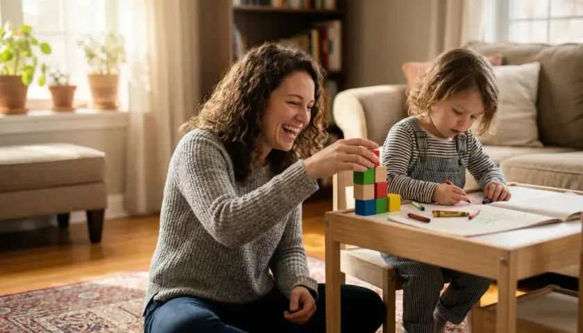 Radosna mama buduje wieżę z klocków, obserwując, jak dziecko rysuje. To piękne etapy rozwoju dziecka, pełne nauki i zabawy.
