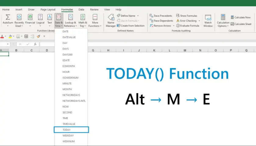 Excel Formulas tab with Date & Time dropdown open, highlighting TODAY.