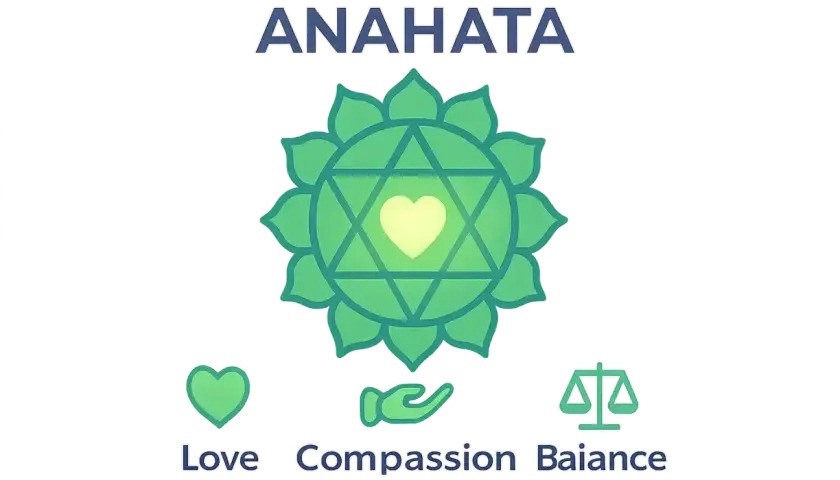 Anahata, czakra serca, symbolizuje miłość, współczucie i równowagę. Zielony kwiat lotosu z sercem w środku.