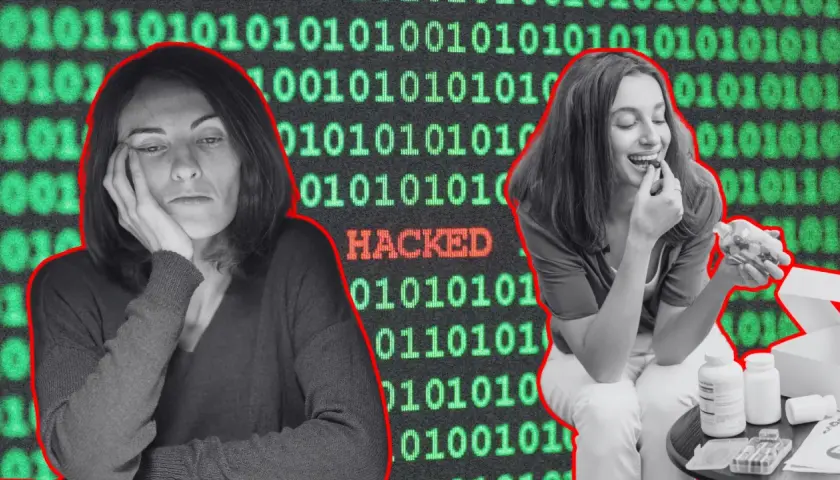 Dwie kobiety na tle kodu binarnego. Jedna znużona, druga je suplementy. Czy to biohacking?