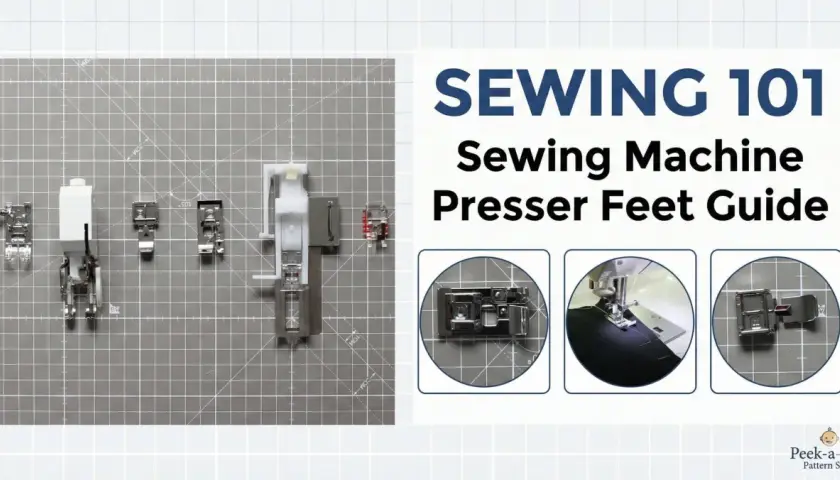 Sewing machine presser feet guide, showing various presser feet on a cutting mat. What is a presser foot? It's the part that holds fabric down while sewing.