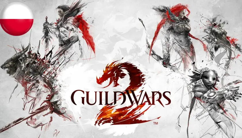 Grafika z gry Guild Wars 2, z polską flagą. Postacie i smok w stylu szkicu, sugerujące polskie spolszczenie gry.