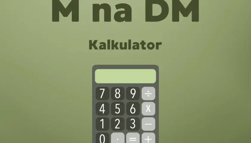 Kalkulator z napisem "M na DM". Dowiedz się, co to znaczy DM w matematyce, używając tego prostego narzędzia.