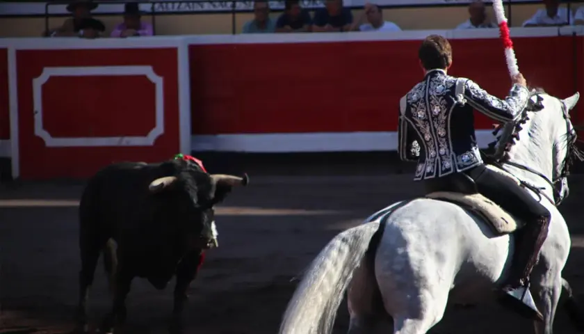 Un torero a caballo se prepara para el lance. El toro, con adornos en la cabeza, espera en la arena. El tendido alto las ventas, lleno de público, observa expectante.
