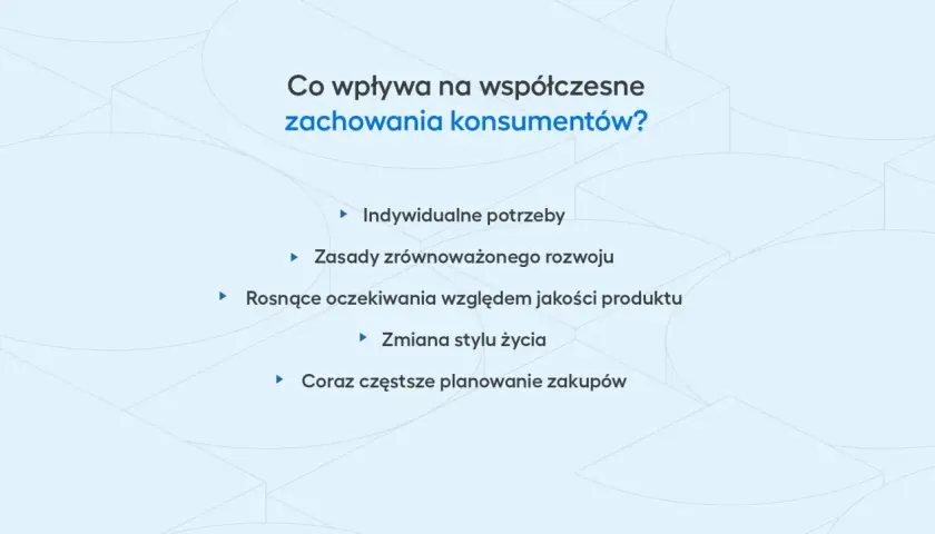 Współczesne zachowania konsumentów kształtują indywidualne potrzeby, zasady zrównoważonego rozwoju, rosnące oczekiwania jakościowe, zmianę stylu życia i planowanie zakupów.