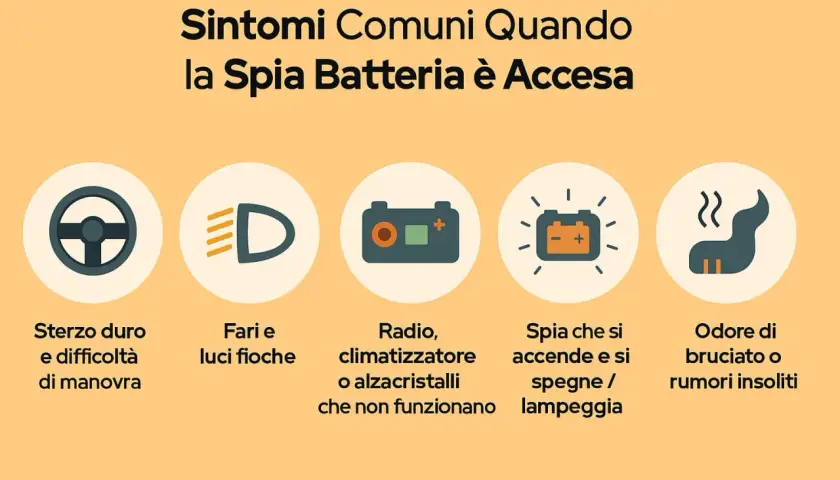 Simboli auto: sterzo duro, fari fioci, radio non funzionante, spia batteria accesa/spenta, odore di bruciato. Indica problemi con il simbolo batteria scarica auto.