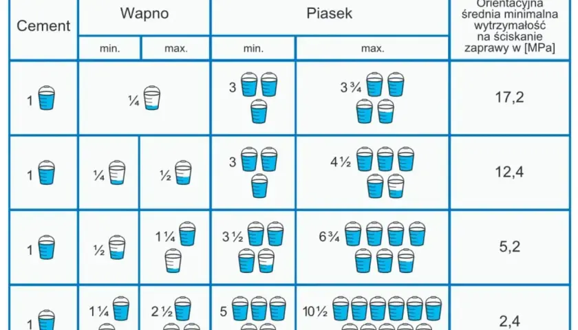 Tabela pokazuje, ile piachu na worek cementu potrzeba do zaprawy. Różne proporcje dają różną wytrzymałość.