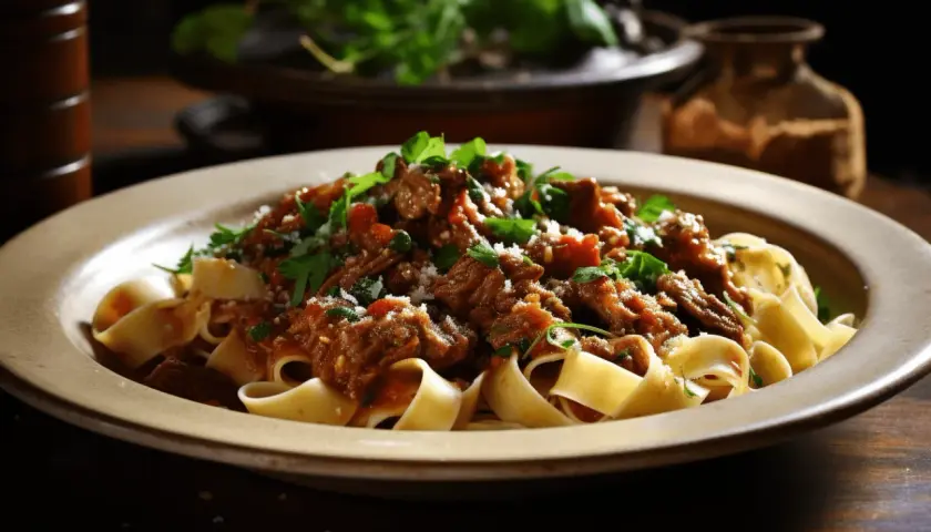 Pappardelle z bogatym ragu z jagnięciny, posypane parmezanem i świeżą pietruszką.