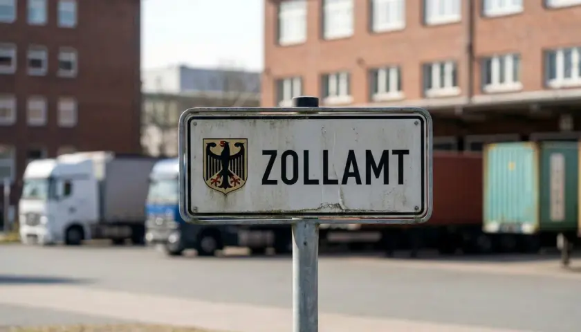 Tablica "ZOLLAMT" z godłem Niemiec. W tle ciężarówki i kontenery, pokazujące jak wygląda odprawa celna.