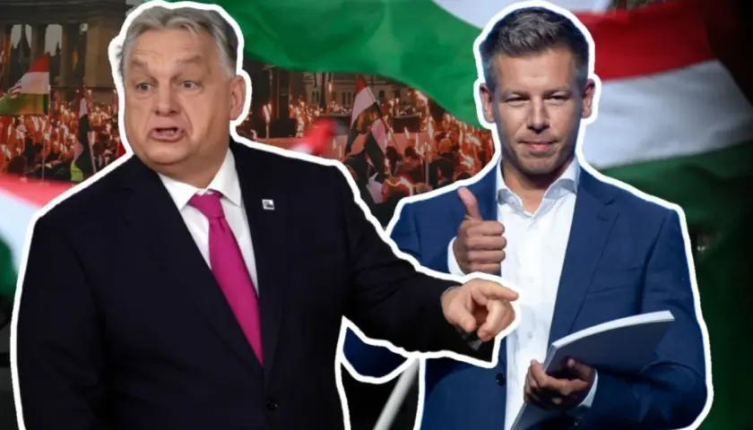 Dwóch mężczyzn na tle tłumu z węgierskimi flagami.