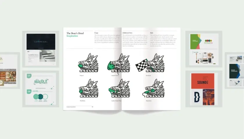 Étude de cas pour créer une marque : un guide de style pour un logo de sanglier, des exemples de logos et des palettes de couleurs.