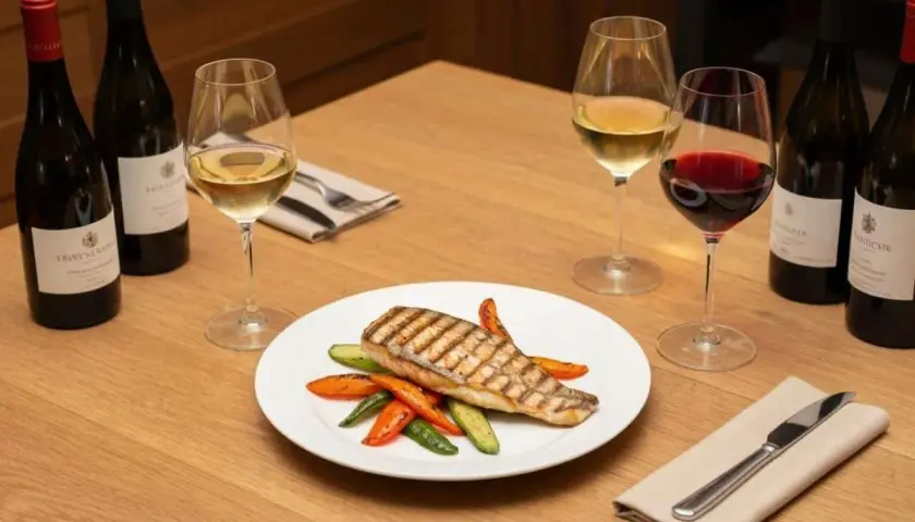 Un plat de bar grillé avec des légumes, accompagné d'un verre de vin rouge. Quel vin rouge avec du bar ? Ce plat invite à la dégustation.