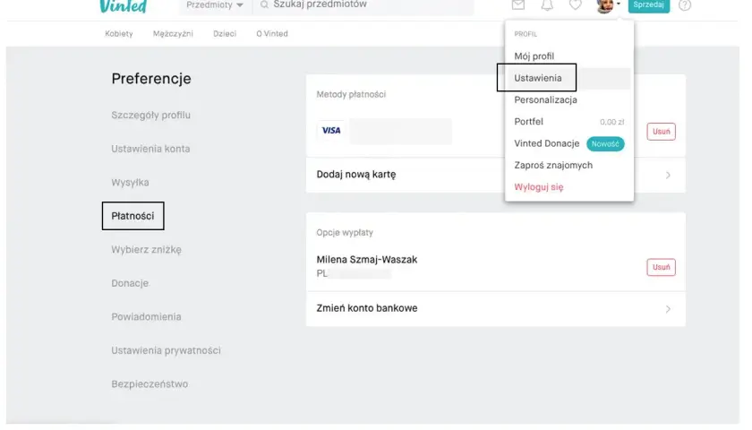 Ustawienia płatności na Vinted. Możesz dodać kartę lub zmienić konto bankowe. PayPo nie jest widoczne, ale opcje płatności są dostępne.