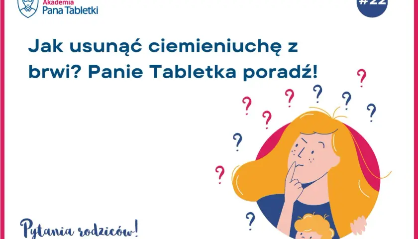 Jak usunąć ciemieniuchę z brwi? Ilustracja przedstawia zamyśloną osobę otoczoną znakami zapytania, szukającą odpowiedzi.