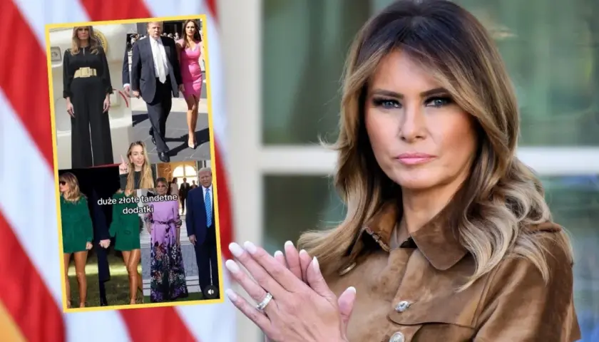 Melania Trump w różnych stylizacjach, od eleganckich po bardziej odważne. Widać ją młodszą na zdjęciach w kolażu.
