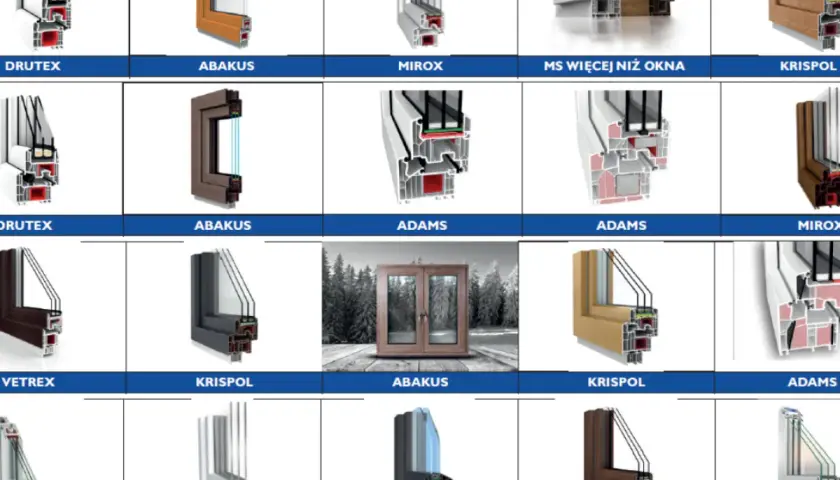 Przekroje profili okiennych różnych producentów: Drutex, Abakus, Mirox, Krispol, Adams, Vetrex.