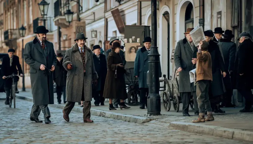 Ulica w stylu retro, gdzie kręcono film Znachor. Ludzie w płaszczach i kapeluszach spacerują po bruku.