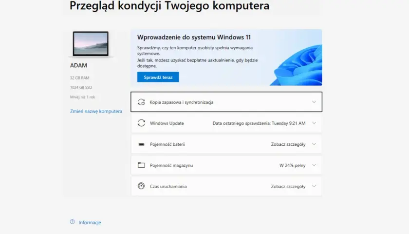 Sprawdzenie kondycji komputera pod kątem wymagań Windows 11. Widok zawiera informacje o sprzęcie i stanie systemu.