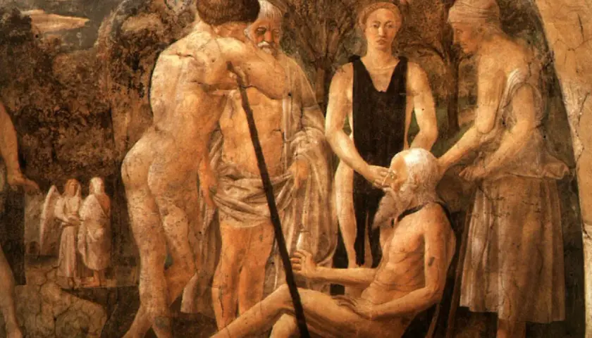 Dzieci Adama i Ewy w starożytnej scenerii. Młodzi mężczyźni i kobiety otaczają starszego, brodatego mężczyznę.