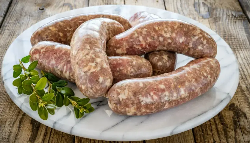 Surowa biała kiełbasa na marmurowej desce, gotowa do przyrządzenia. Dowiedz się, ile gotować białą kiełbasę surową.