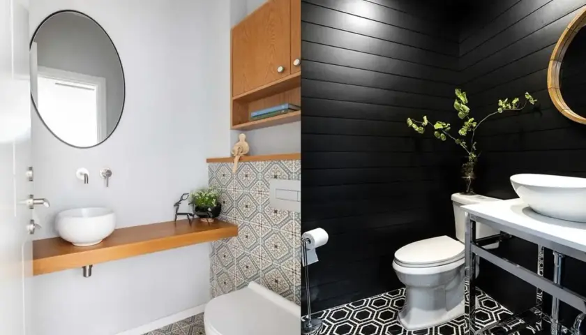 Två toaletter, en ljus med trädetaljer och mönstrad kakel, den andra mörk med svarta träpaneler och hexagonmönster. Inspiration för att renovera toalett.