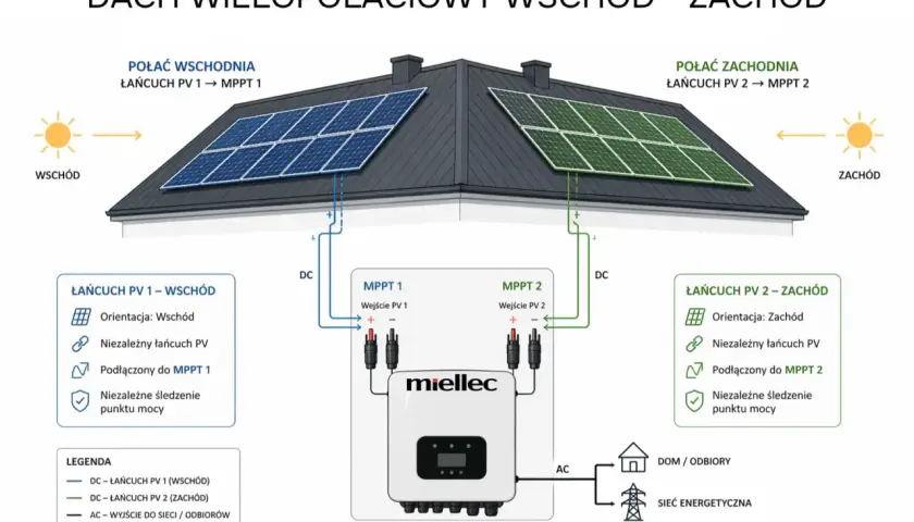 Schemat instalacji fotowoltaicznej na dachu dwuspadowym. Panele PV na wschodniej i zachodniej połaci dachu, podłączone do dwóch MPPT falownika. Energetyka słoneczna w praktyce.