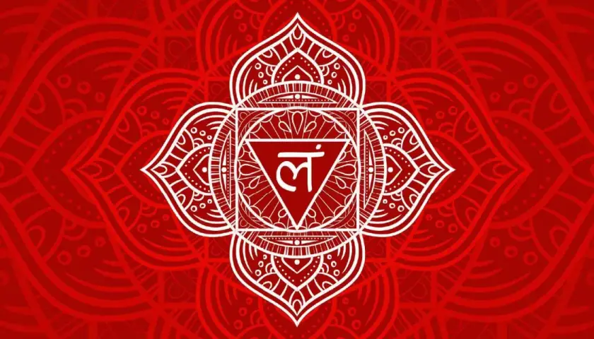 Rotes Mandala mit weißem Symbol. Die Farbe Rot hat eine tiefe spirituelle Bedeutung, sie steht für Kraft und Erdung.