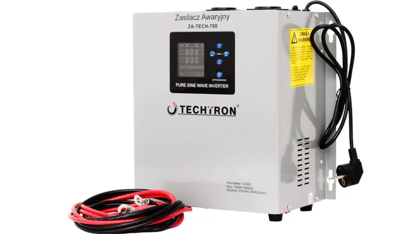 Ups, co to? Zasilacz awaryjny Techtron ZA-TECH-700 z czarnym kablem i czerwono-czarnymi przewodami akumulatorowymi.
