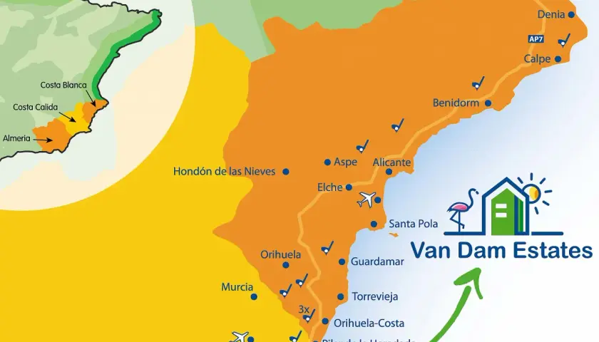 Karte zeigt, wo ist die Costa Blanca: von Denia bis Pilar de la Horadada, mit Orten wie Alicante, Benidorm, Torrevieja.