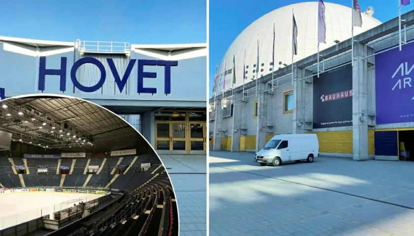 Hovet Stockholm, en ishockeyarena med läktare och isbana, samt en fasad med Bauhaus-reklam.