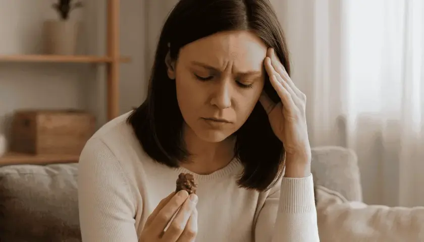 Donna con la mano sulla tempia, guarda un cioccolatino. Non ho fame ma mangio lo stesso, forse per conforto.