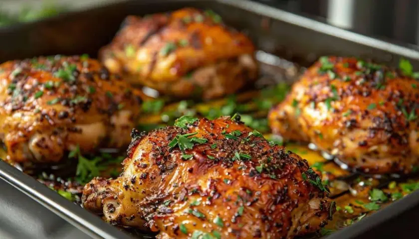 Quatre cuisses de poulet rôties, dorées et garnies de persil frais. Parfaites pour des recettes avec poulet savoureuses.
