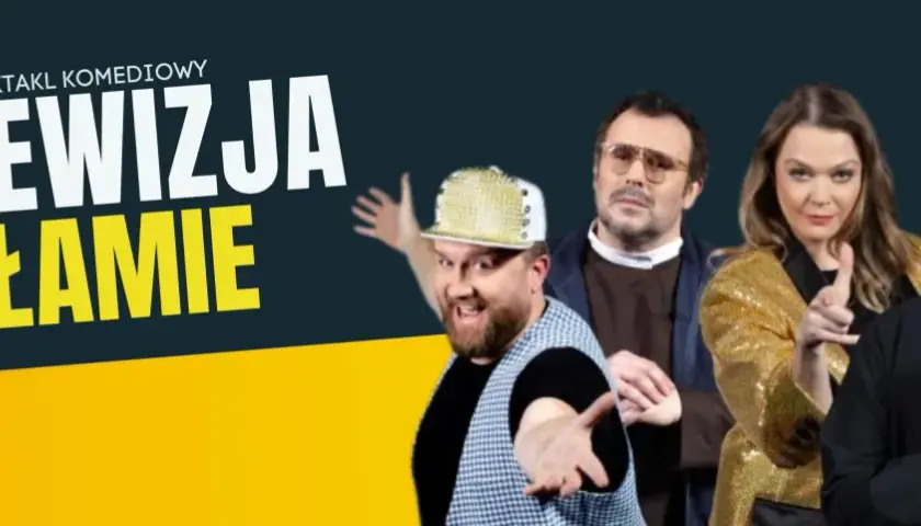 Telewizja kłamie" spektakl komediowy. Cztery postacie w stylizacjach: raper, mężczyzna w okularach, kobieta w złotej kurtce i ksiądz.