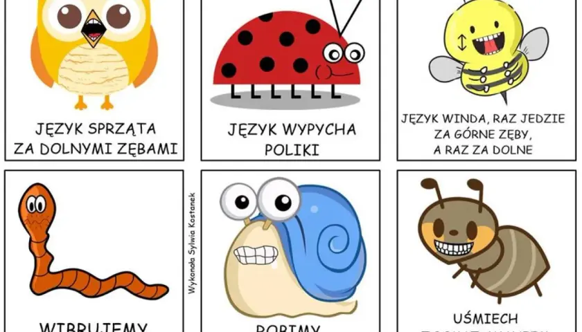Zestaw kart do ćwiczeń logopedycznych: sowa czyści zęby, biedronka wypycha policzki, pszczoła jeździ językiem, dżdżownica wibruje wargami, ślimak robi groźną minę, mrówka uśmiecha się z zębami.