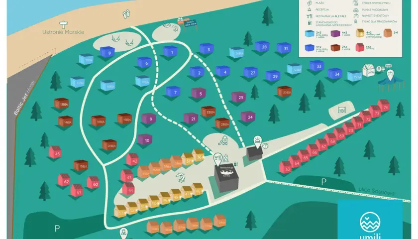 Mapa ośrodka Ustronie Park z domkami, plażą, SPA i restauracją.