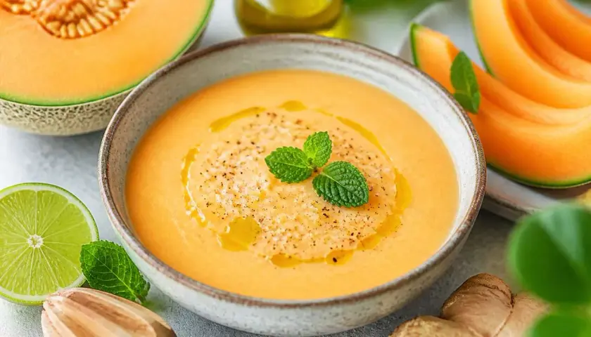 Délicieuse soupe de melon rafraîchissante, garnie de menthe fraîche et d'un filet d'huile d'olive. Des tranches de melon, du gingembre et une moitié de citron vert complètent cette scène estivale.