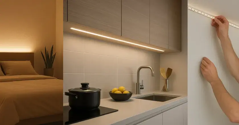 Ambiente acogedor en dormitorio y cocina con iluminación led. Un hombre instala una tira led en el techo.