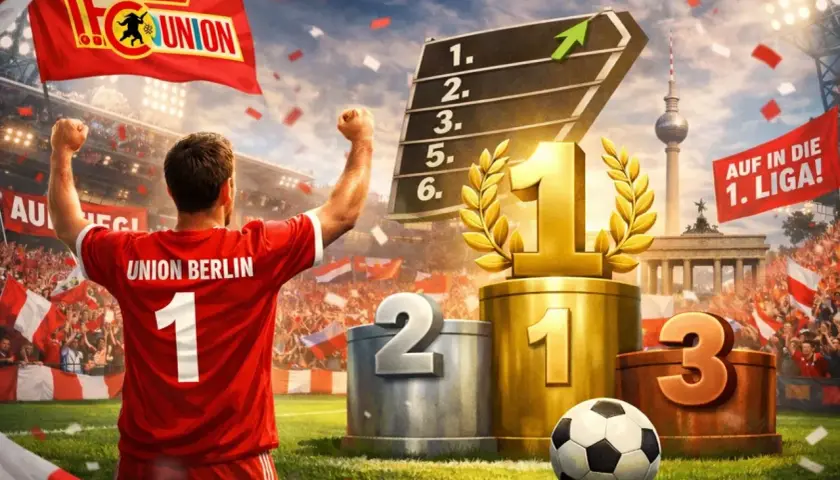 Piłkarz Union Berlin świętuje sukces. Na podium pierwsze miejsce, w tle berlińska wieża i trybuny pełne kibiców.