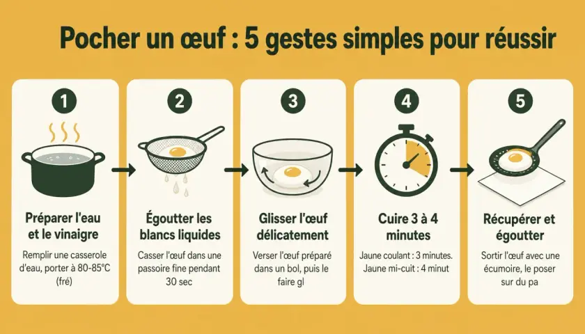Étapes pour pocher un œuf : eau frémissante, égouttage des blancs, glisser délicatement l'œuf, cuisson 3-4 min, puis égoutter.