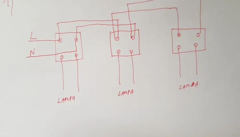 Schemat pokazuje, jak podłączyć lampy ogrodowe szeregowo. Linie L i N zasilają pierwszą lampę, a następnie połączenia przechodzą do kolejnych.
