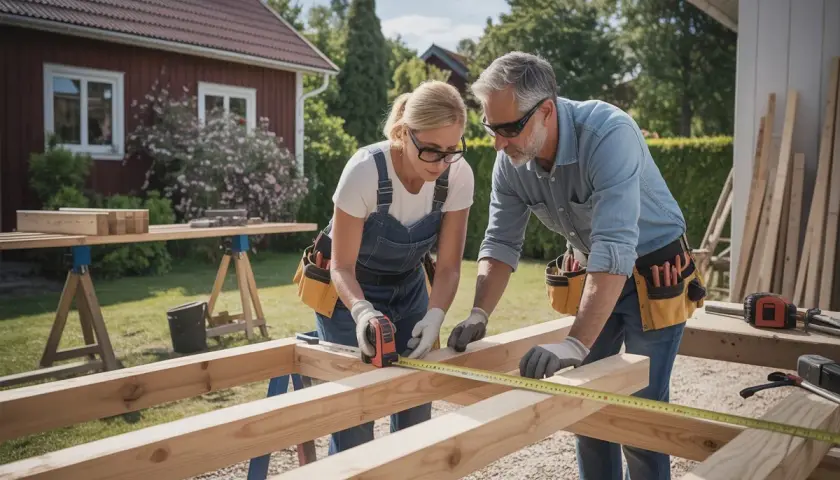 Par som samarbetar för att bygga friggebod. De mäter trä för projektet utomhus.