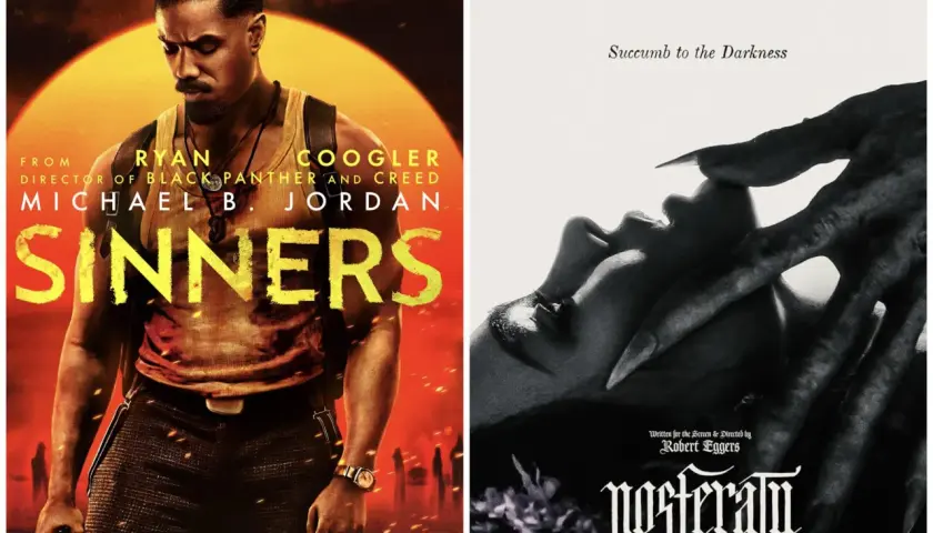 Två filmaffischer: en med Michael B. Jordan i "Sinners", en annan med en vampyrfilm, "Nosferatu".
