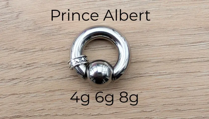Stalowy kolczyk typu prince albert, z kulką i ozdobnym pierścieniem, rozmiary 4g, 6g, 8g.
